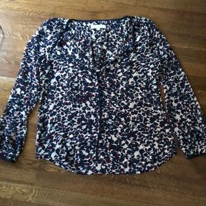 LOFT Navy and Maroon Floral Button Down Blouse M